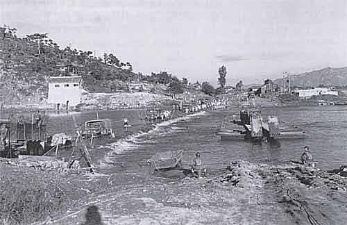 A river crossing via an underwater bridge (left) and a makeshift ferry